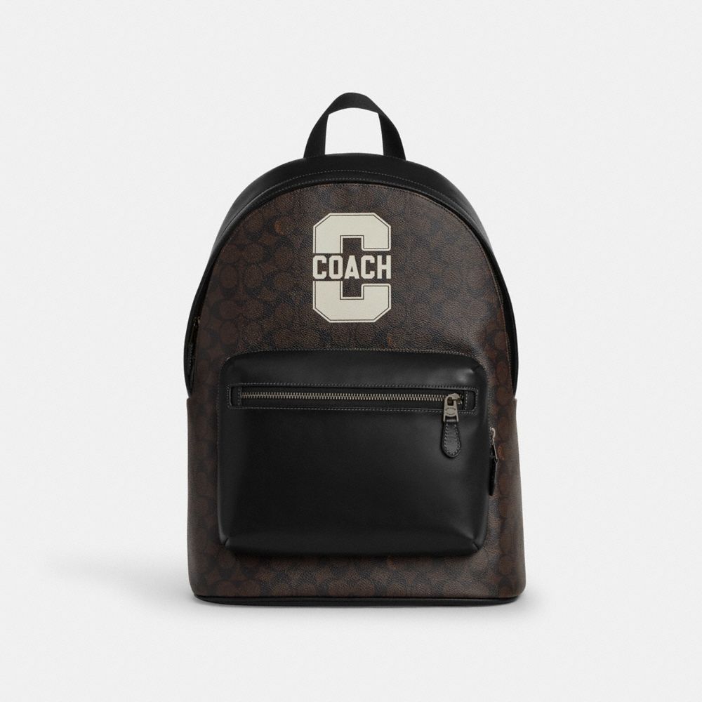 Coach West Backpack In Signature Canvas With Varsity Graphic Qb Walnut – kickasskickss