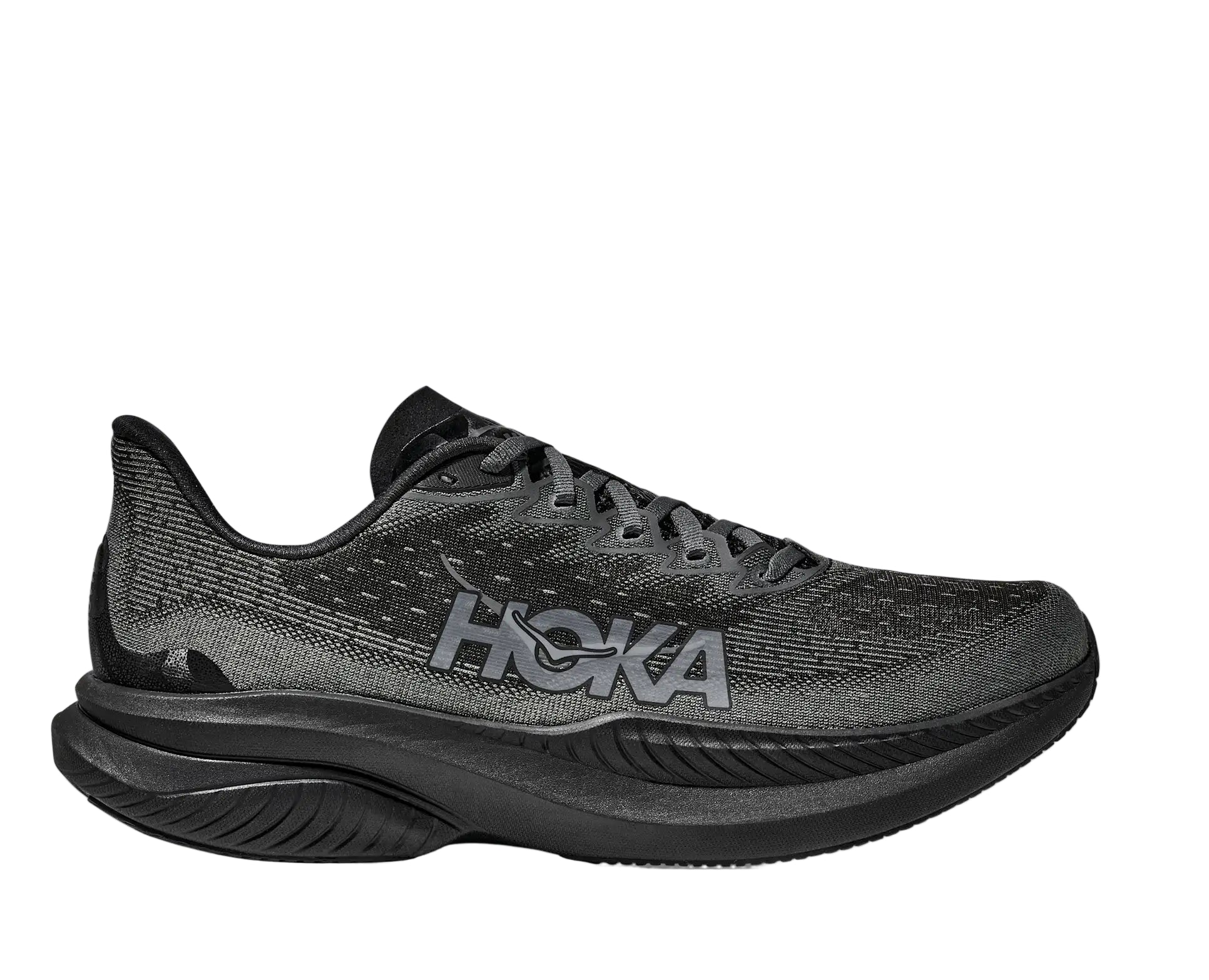 Black Hoka running shoe on a white background