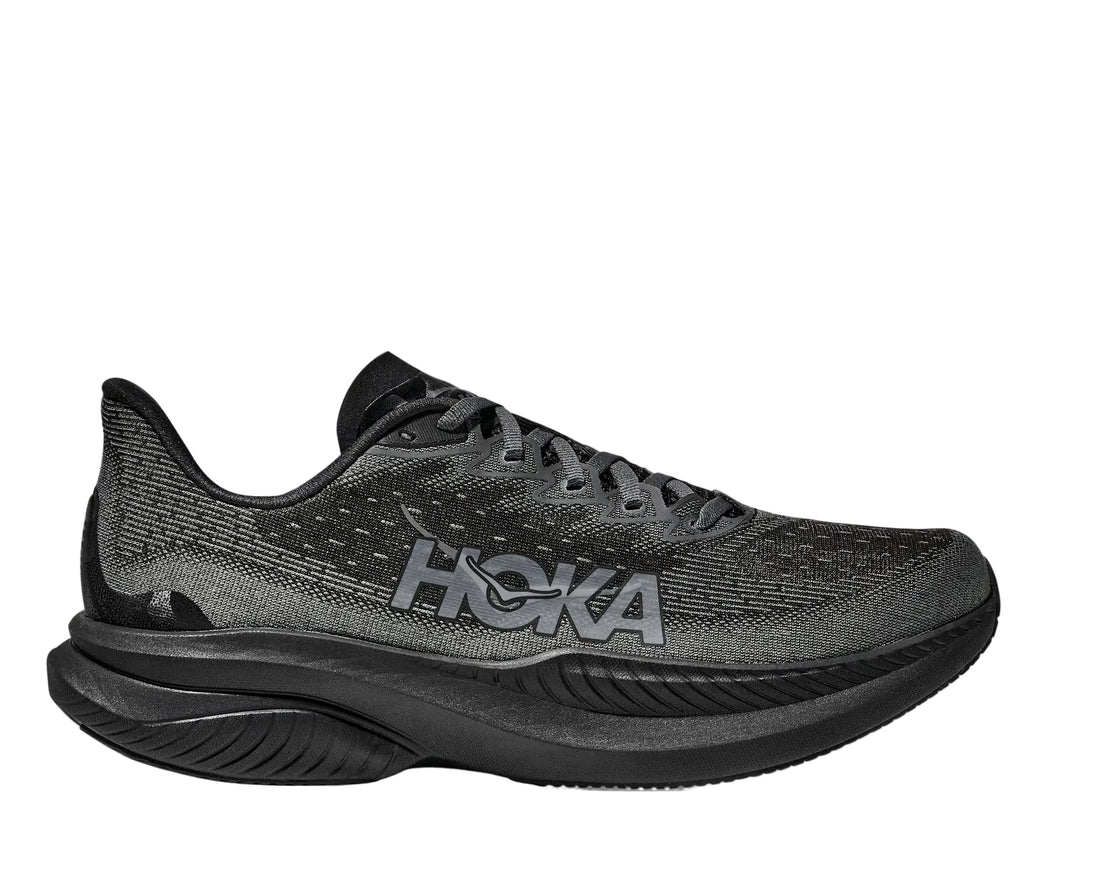 Black Hoka running shoe on a white background