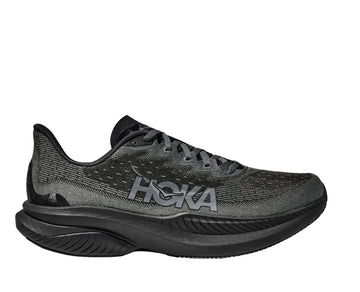 Black Hoka running shoe on a white background