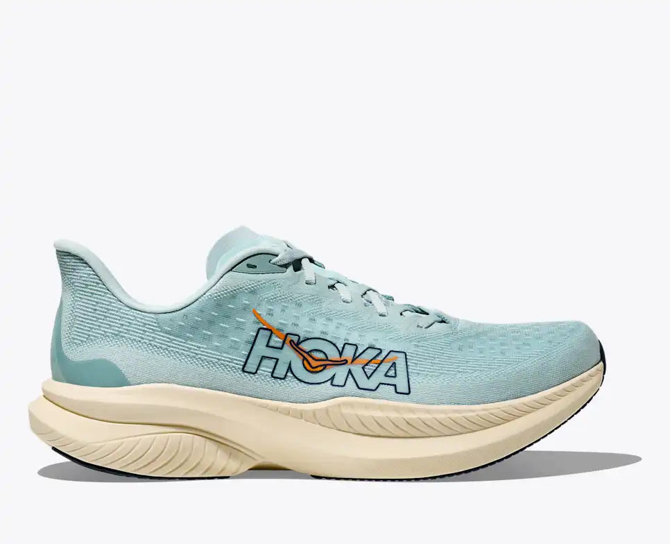 Light blue running shoe with Hoka branding on a white background