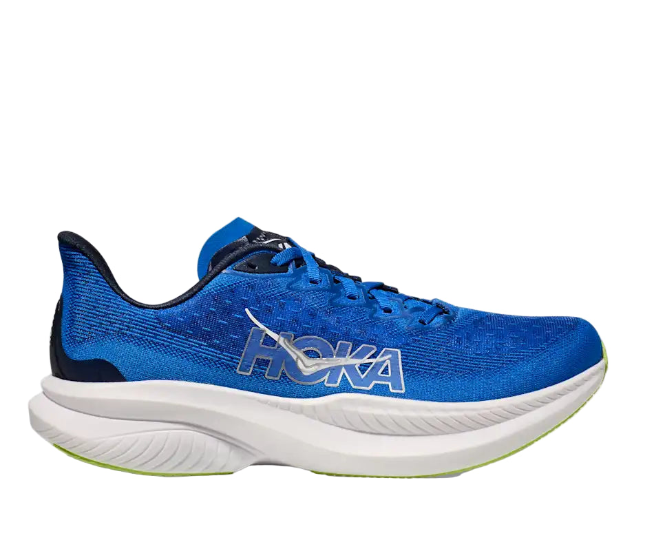 Blue running shoe with white sole on a light gray background
