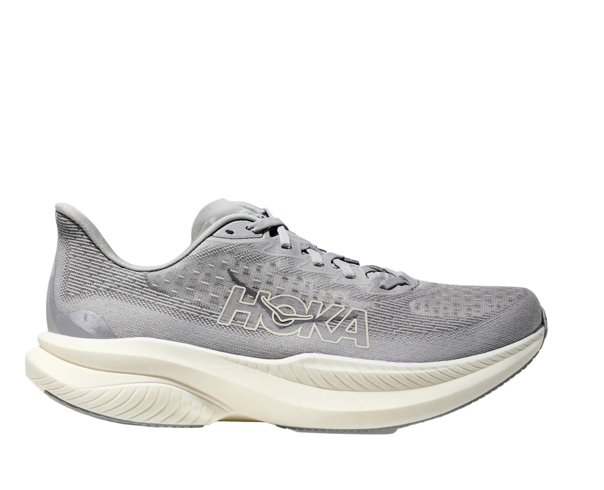 Gray running shoe with white sole on a white background