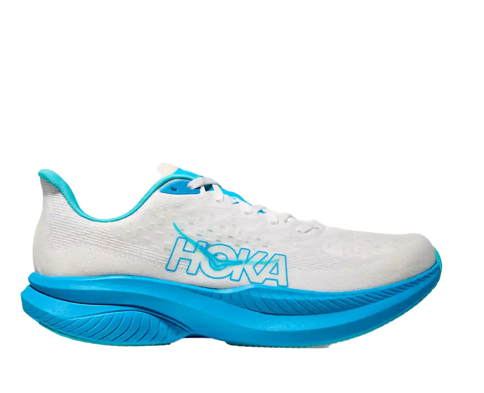 White and blue running shoe with Hoka branding on a white background