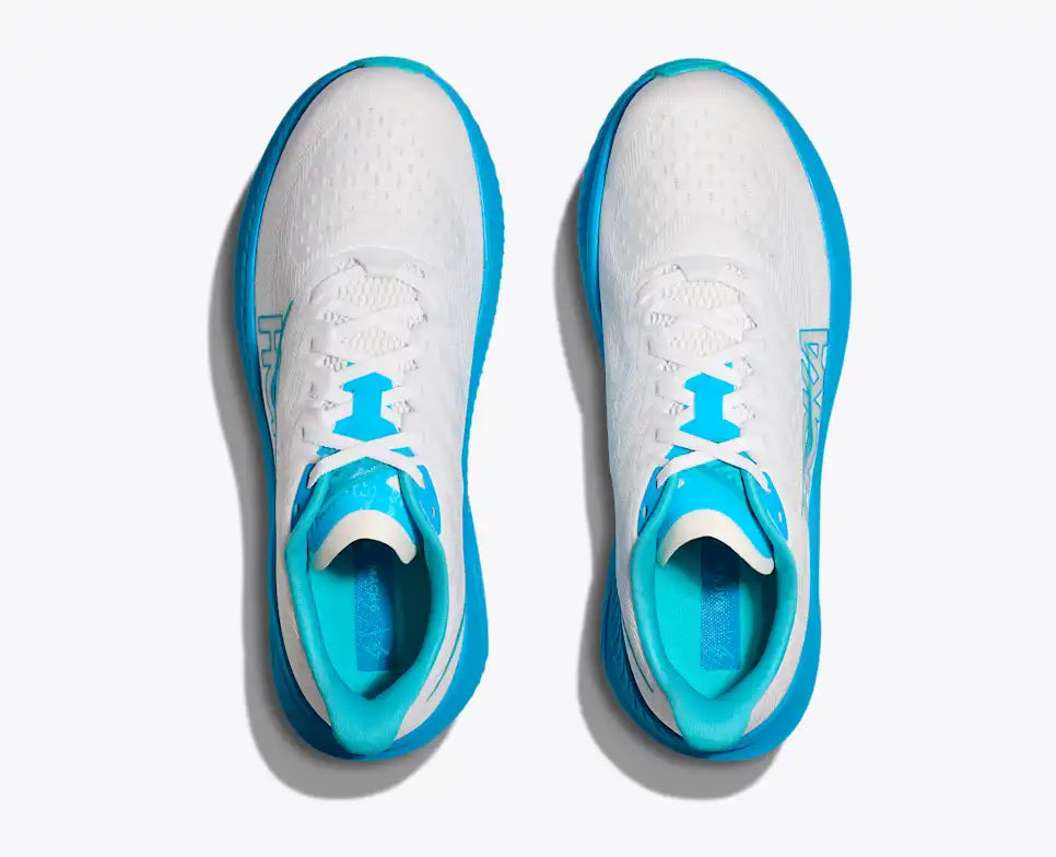 White and blue running shoe with Hoka branding on a white background