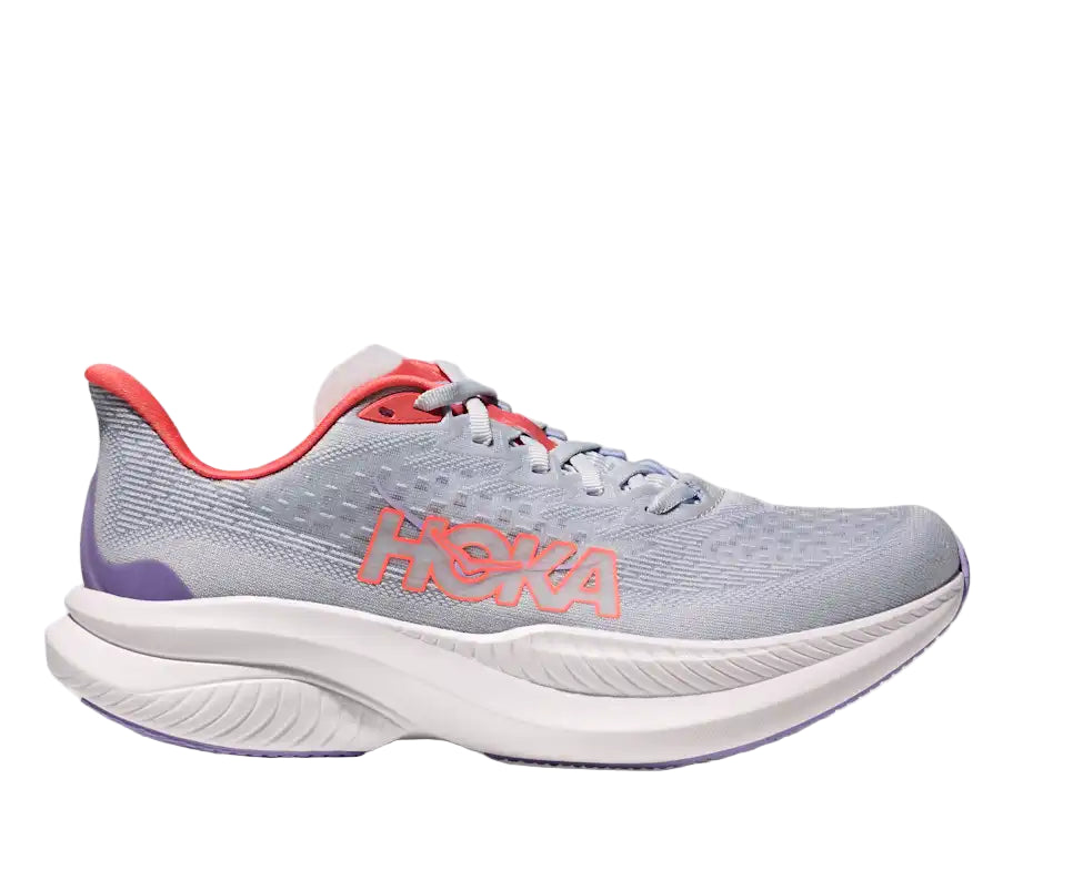 Gray running shoe with red accents on a white background