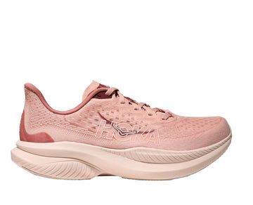 Pink running shoe with 'Hoka' branding on a white background