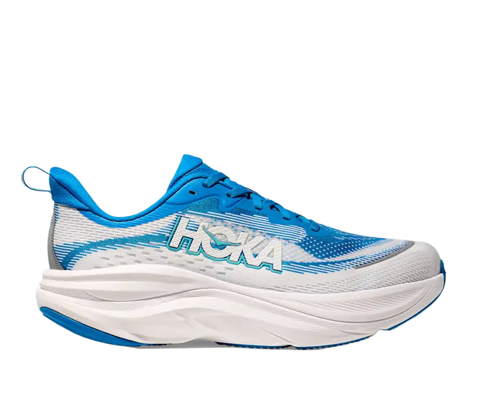 Blue and white running shoe with Hoka branding on a white background