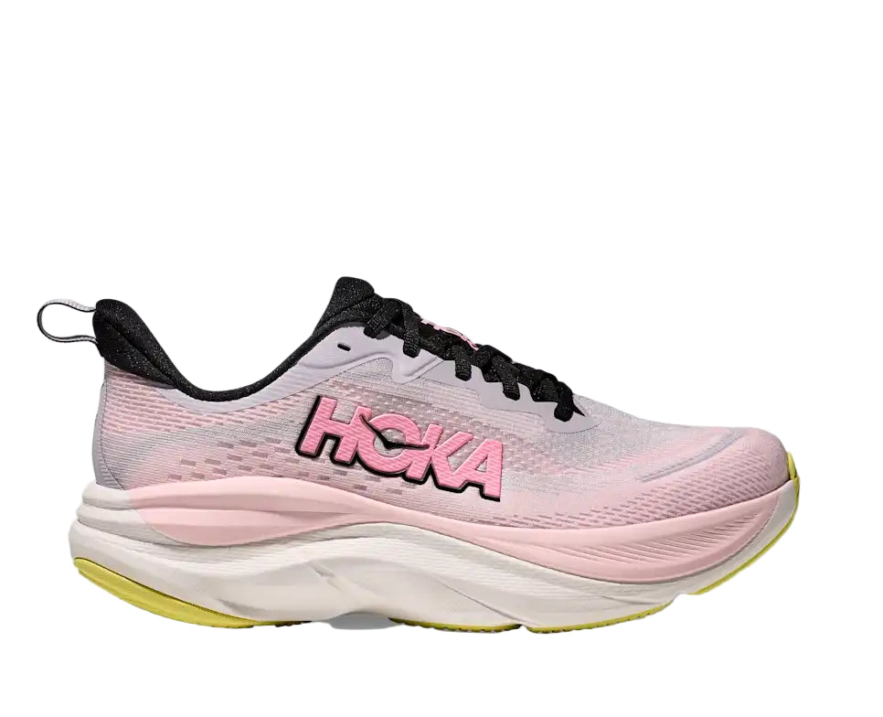 Pink Hoka running shoe on a white background