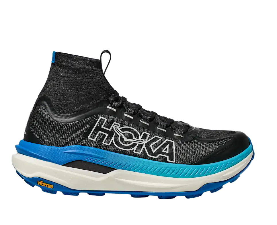 Black Hoka running shoe with blue sole on a white background