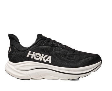Black Hoka running shoe on a white background