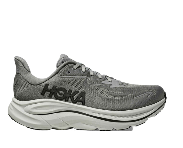 Gray running shoe with 'Hoka' branding on a white background
