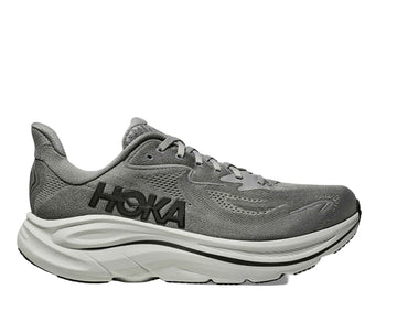 Gray running shoe with 'Hoka' branding on a white background