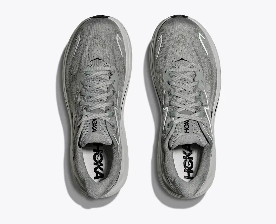 Gray running shoe with 'Hoka' branding on a white background
