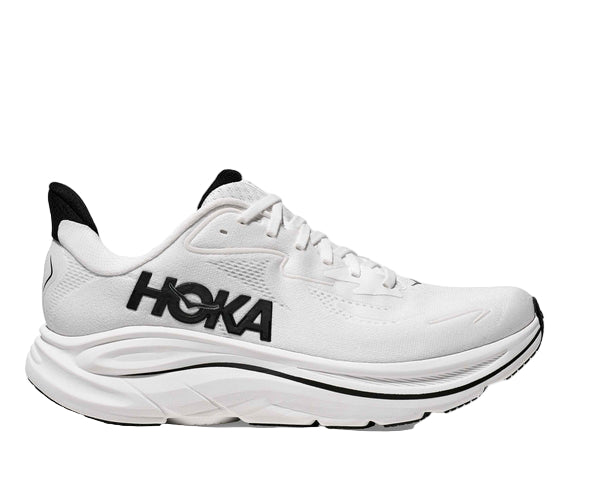White running shoe with black 'Hoka' logo on a white background