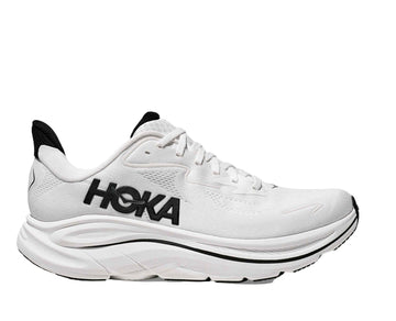 White running shoe with black 'Hoka' logo on a white background