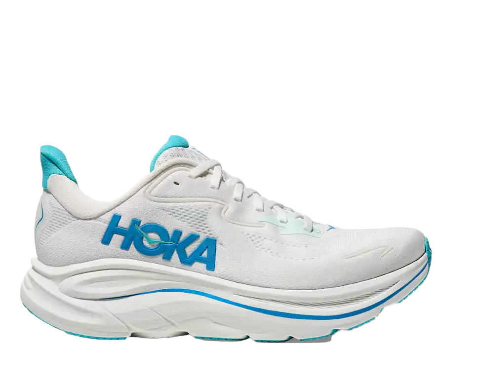 White running shoe with blue accents and 'Hoka' branding on a white background