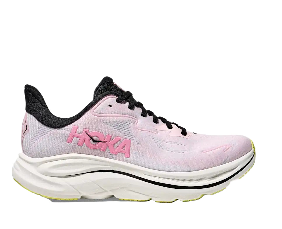 Pink running shoe with black accents on a white background