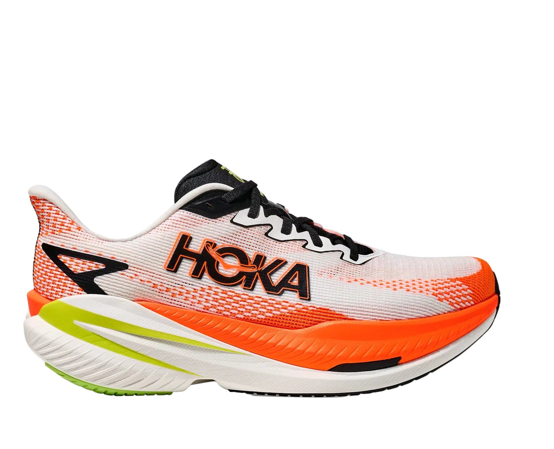 Orange and white running shoe with black accents on a white background