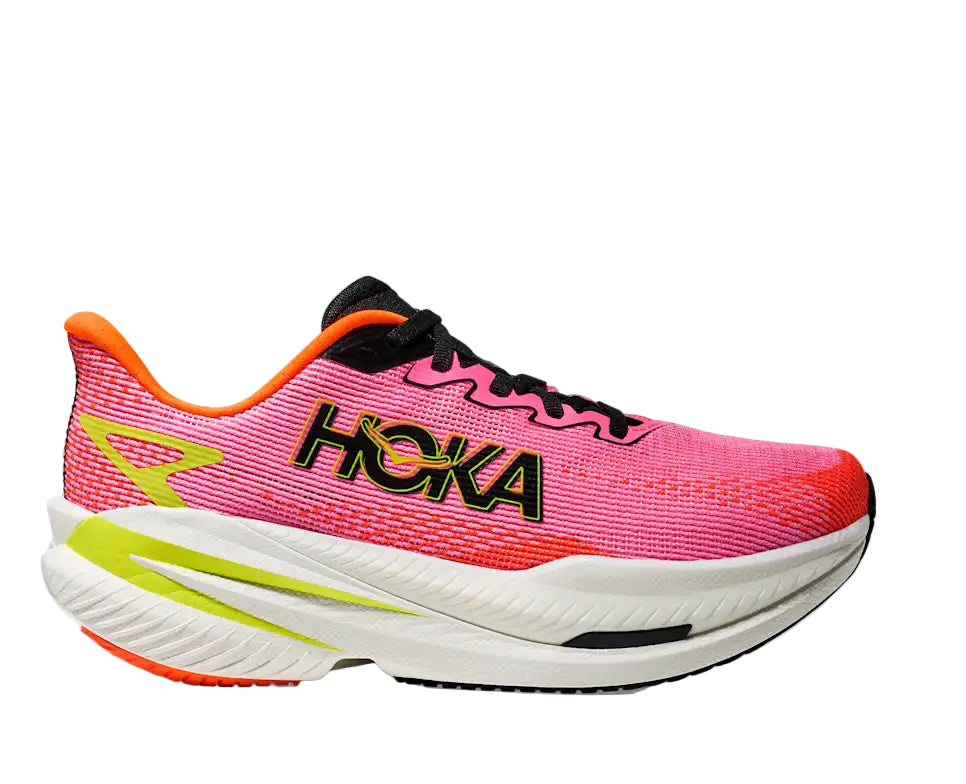 Pink running shoe with orange accents on a white background