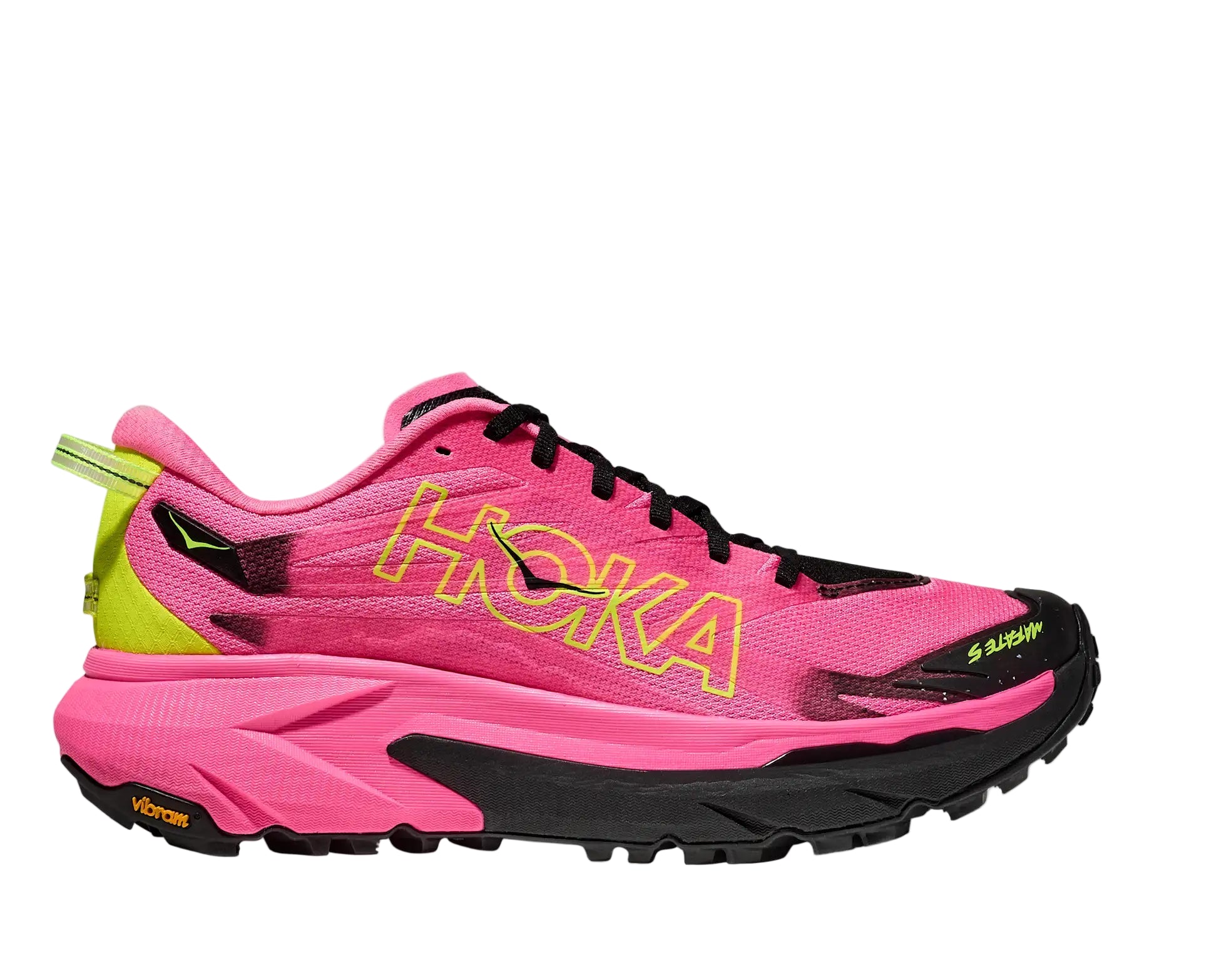 Pink Hoka running shoe with black and yellow accents on a white background
