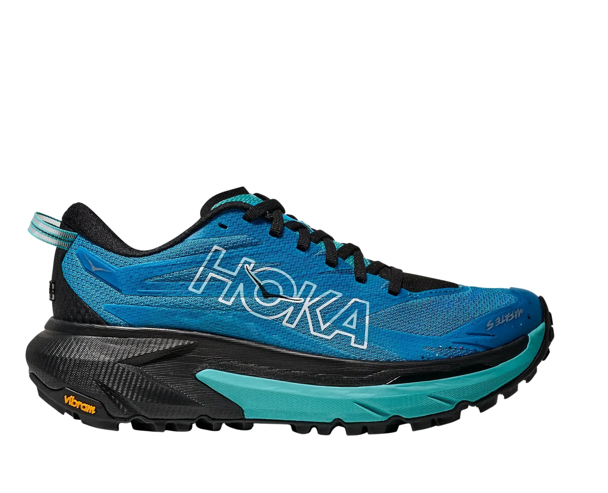 Blue and black running shoe with 'Hoka' branding on a white background