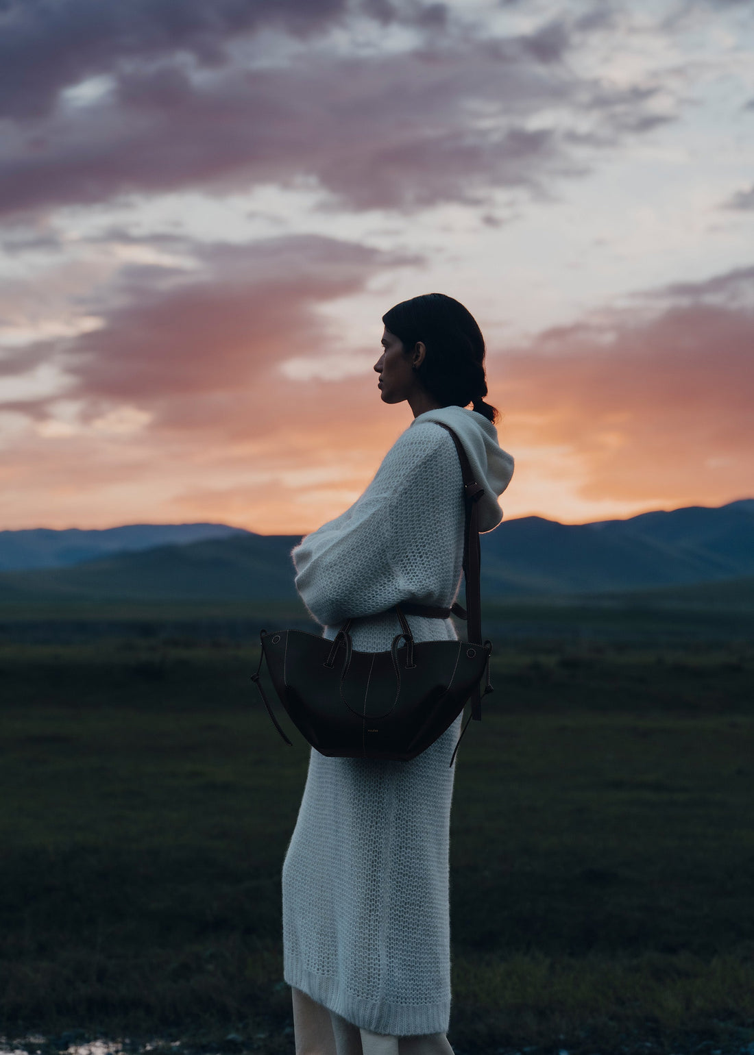 Polene Cyme Mini Textured Black with Ecru Stitching