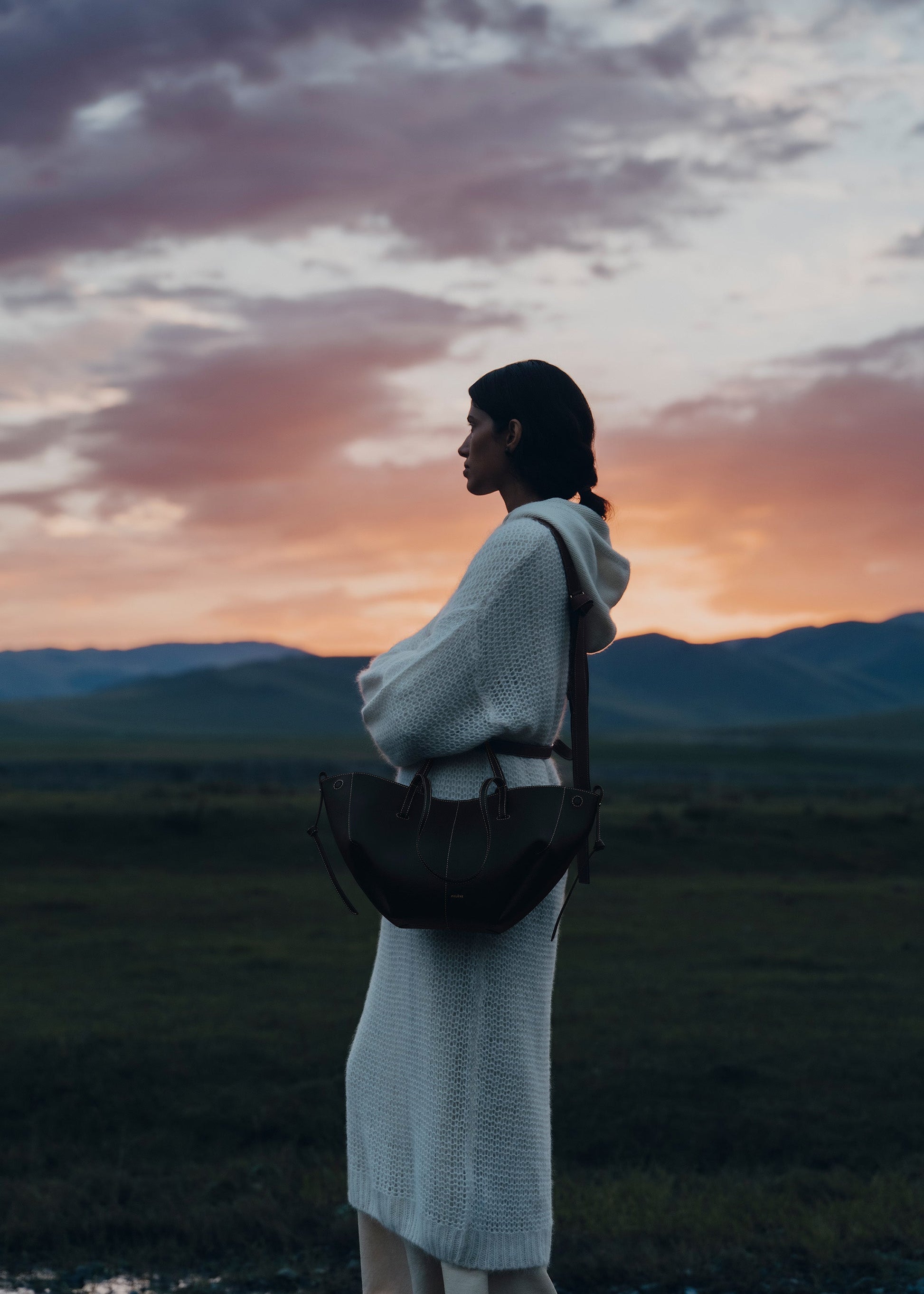 Polene Cyme Mini Textured Black with Ecru Stitching