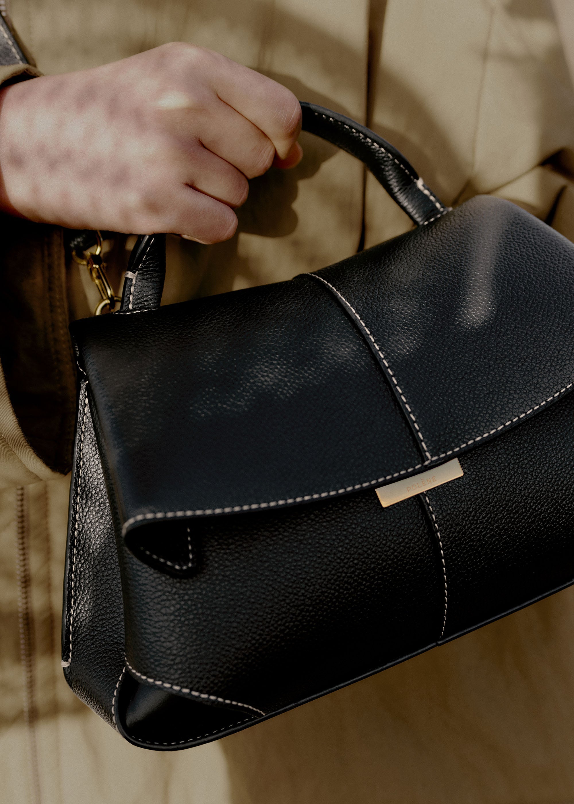 Polene Mokki Mini Textured Black with Ecru Stitching