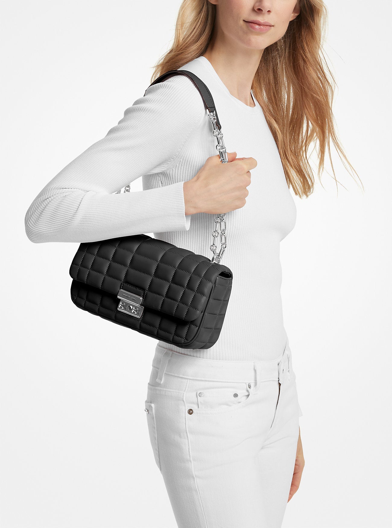 Tribeca Large Quilted Leather Shoulder Bag Black Black