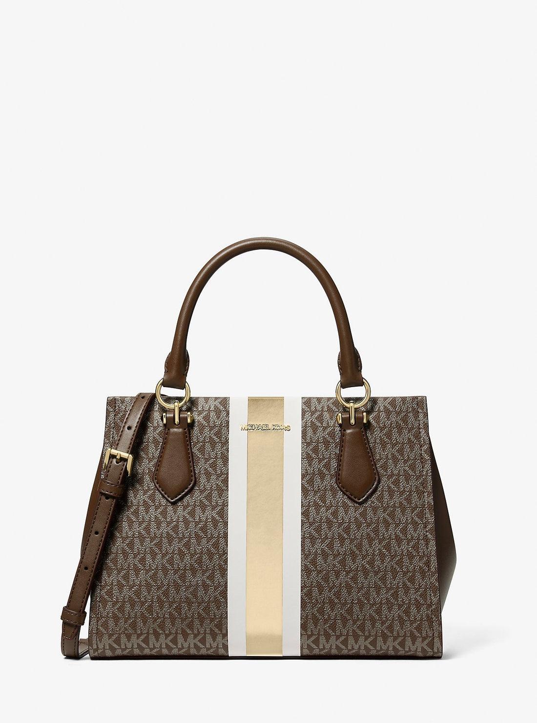 Marilyn Medium Signature Logo Stripe Satchel Brown Brown