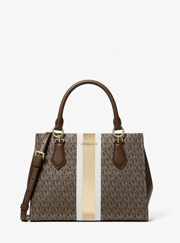 Marilyn Medium Signature Logo Stripe Satchel Brown Brown