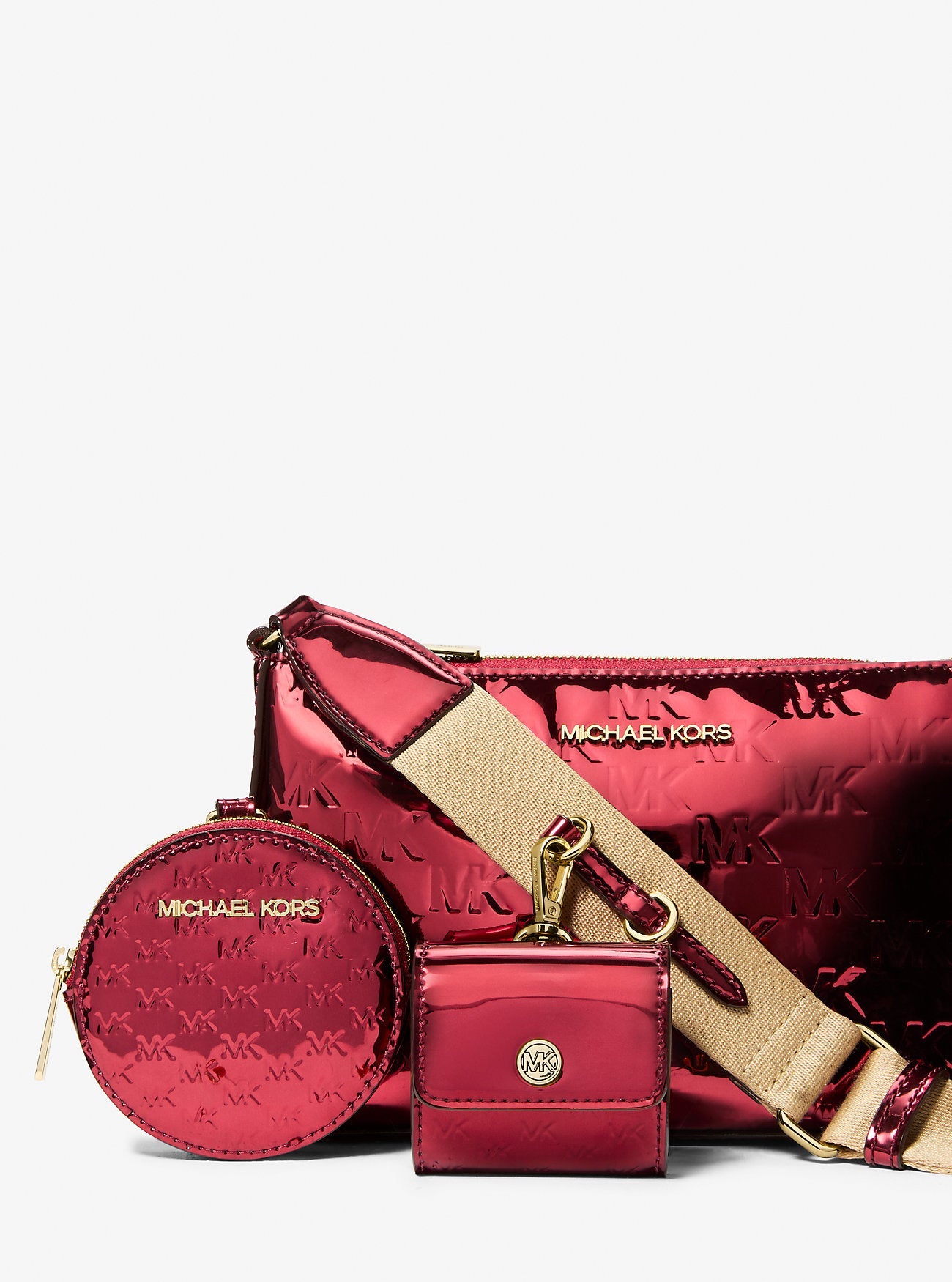 Jet Set Small Metallic Logo Debossed Crossbody Bag with Case for Apple Airpods Pro® Cherry Cherry