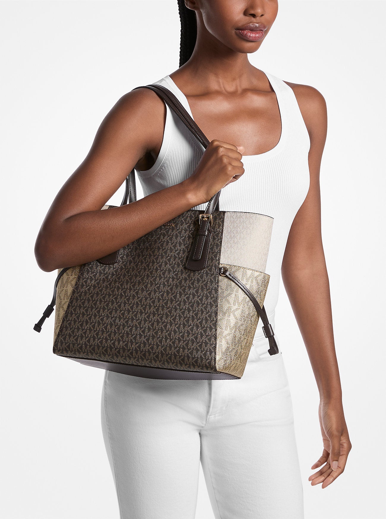 Voyager Large Color-Block Metallic Signature Logo Tote Bag Brown Brown