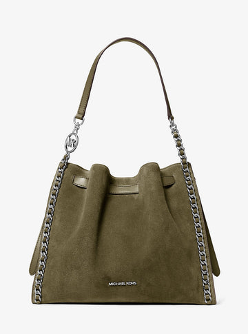 Mina Large Suede Chain Shoulder Bag Olive Olive