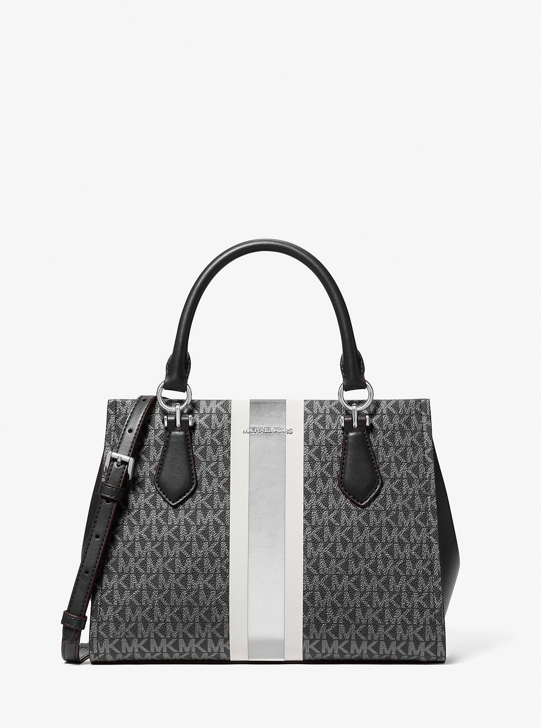 Marilyn Medium Signature Logo Stripe Satchel Black Black