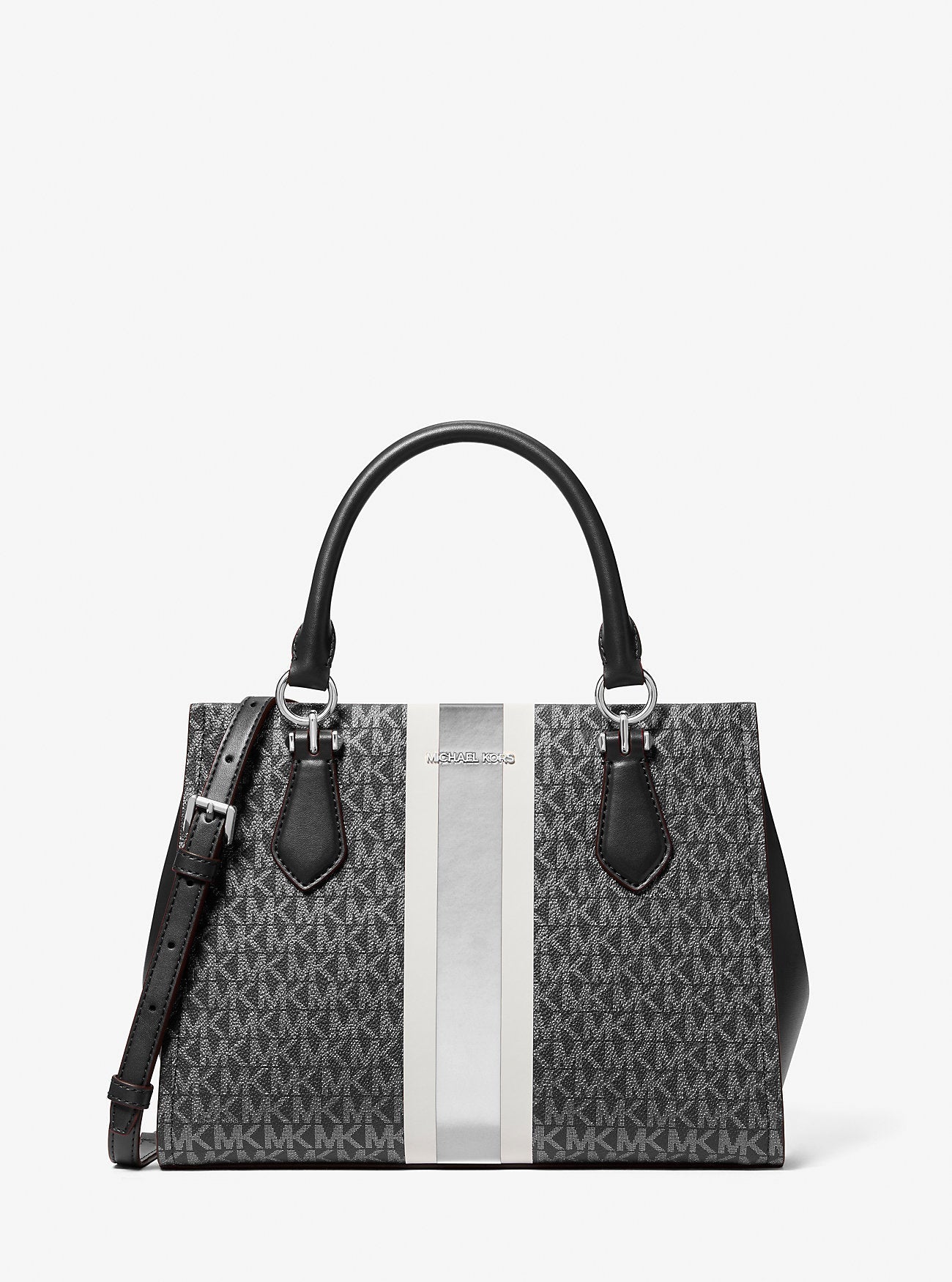 Marilyn Medium Signature Logo Stripe Satchel Black Black