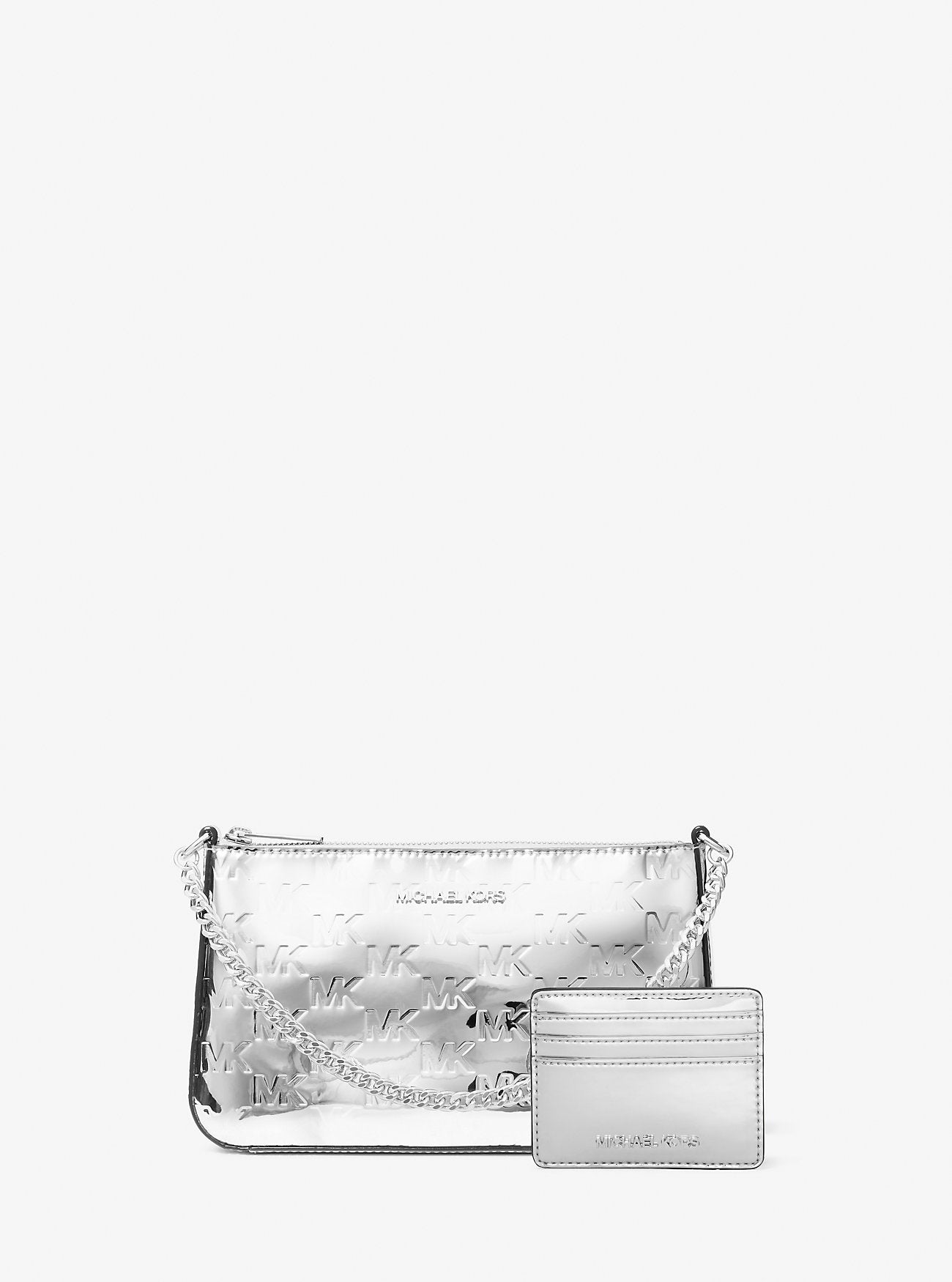 Jet Set Patent Logo Debossed Pochette and Card Case Gift Set Silver Silver