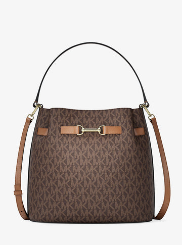 Carson Medium Signature Logo Convertible Bucket Crossbody Bag Brown Brown