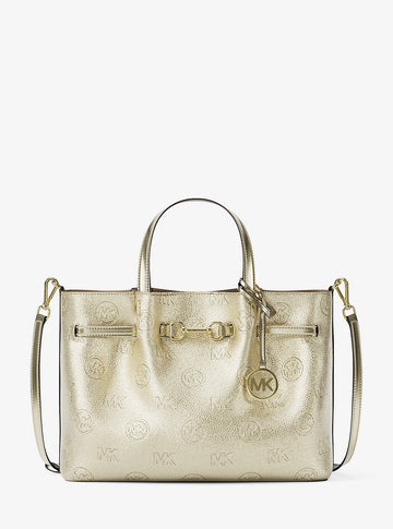 Carson Medium Metallic Logo Debossed Satchel Pale Gold Pale Gold