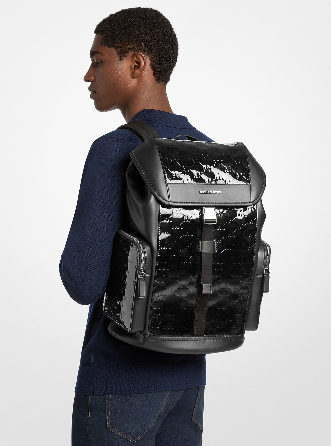 Cooper Medium Metallic Logo Debossed Backpack Black Black