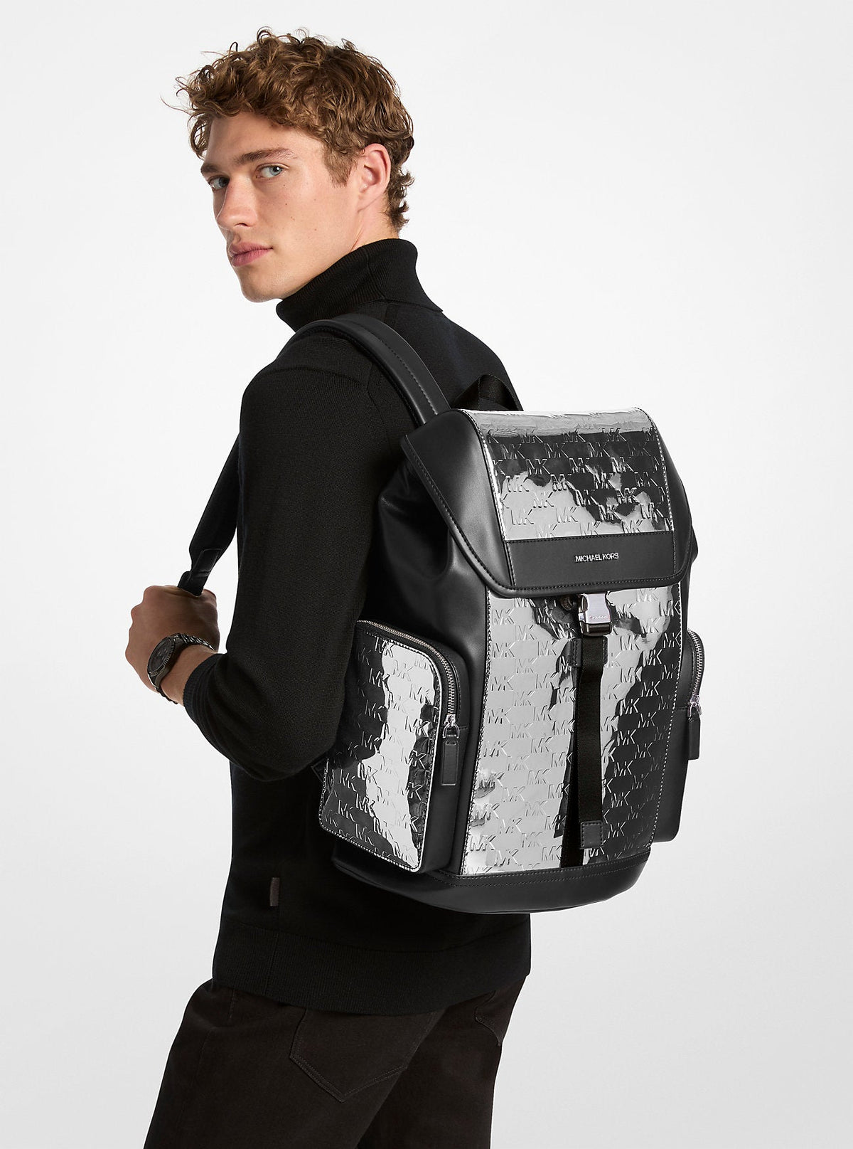 Silver Metallic Drawstring Backpack Michael Kors Cooper Medium Metallic Logo Debossed Backpack Silver ...