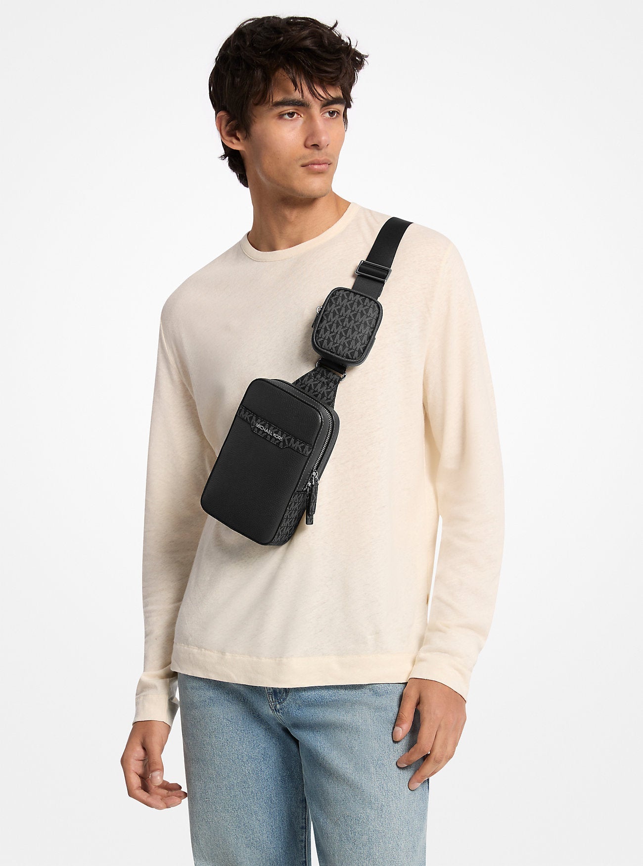 Cooper Pebbled Leather and Signature Logo Sling Pack with Pouch Black Black