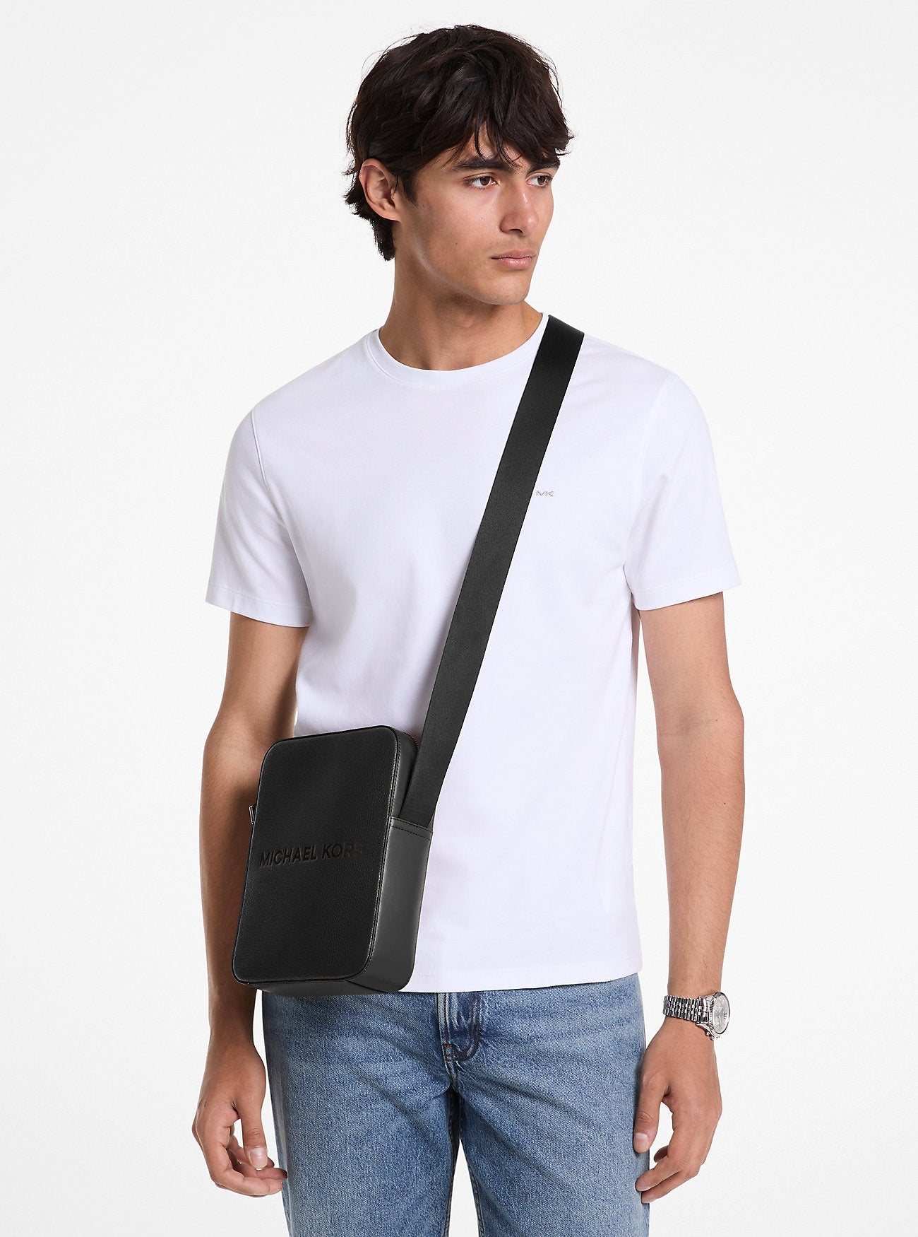 Cooper Logo Embossed Pebbled Leather Messenger Bag Black Black