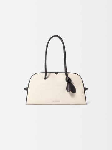 Jacquemus The Turismo Bowling Bag In Linen And Grained Leather Light Greige/Black