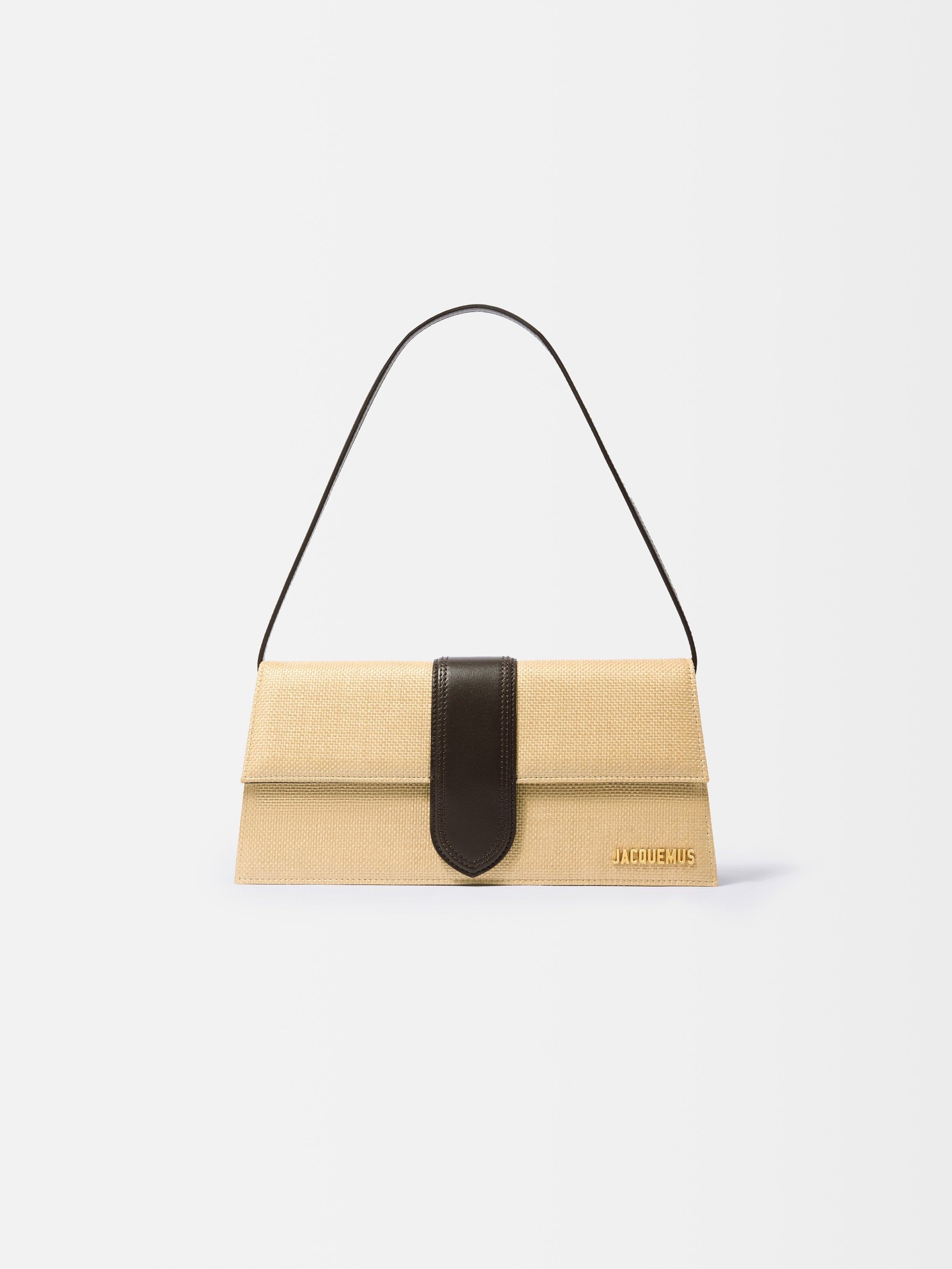 Jacquemus The Long Bambino Structured Bag In Woven Raffia-Effect With Smooth Leather Trim Natural / Dark Brown