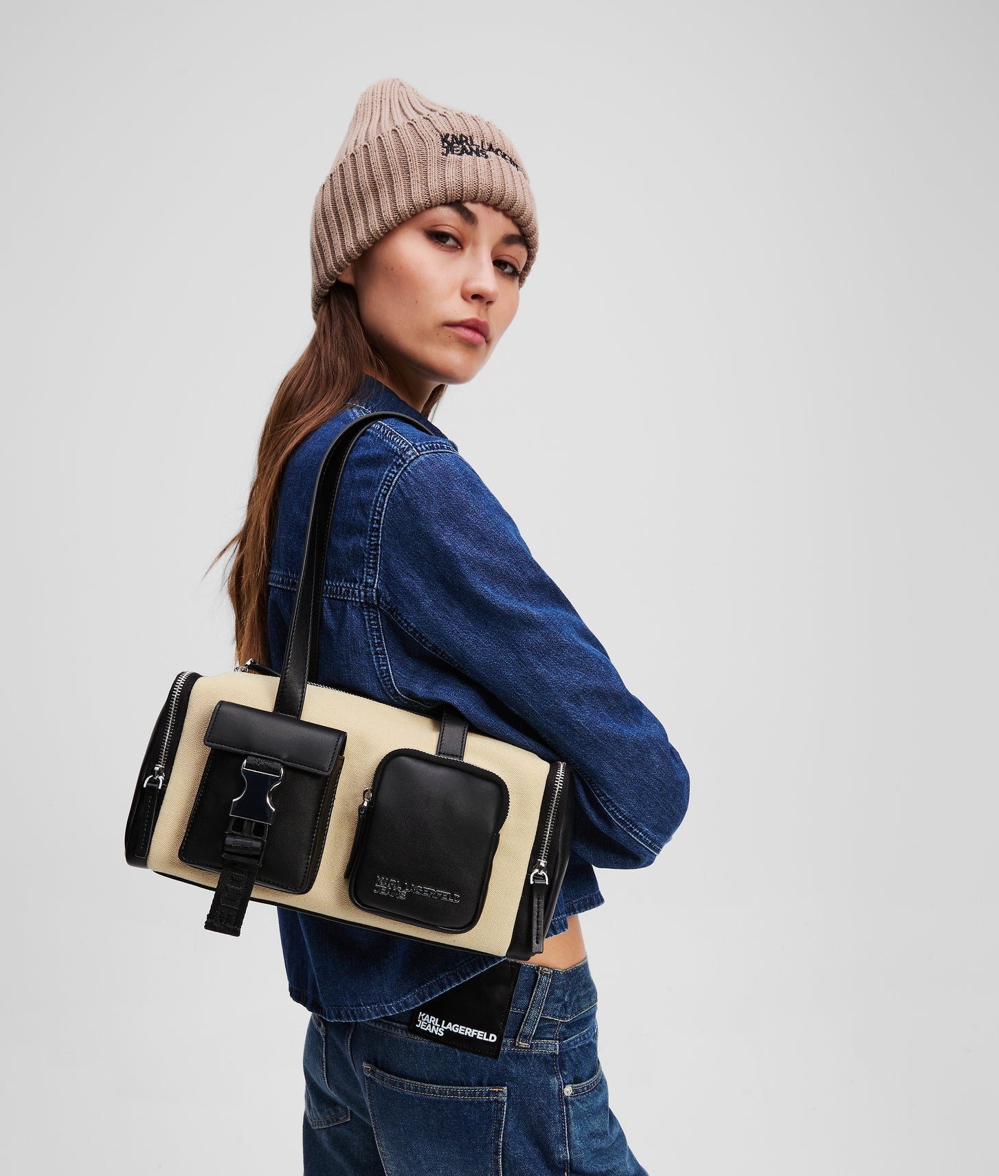 KarlLagerfeld Utility Canvas Shoulder Bag Beige/Black