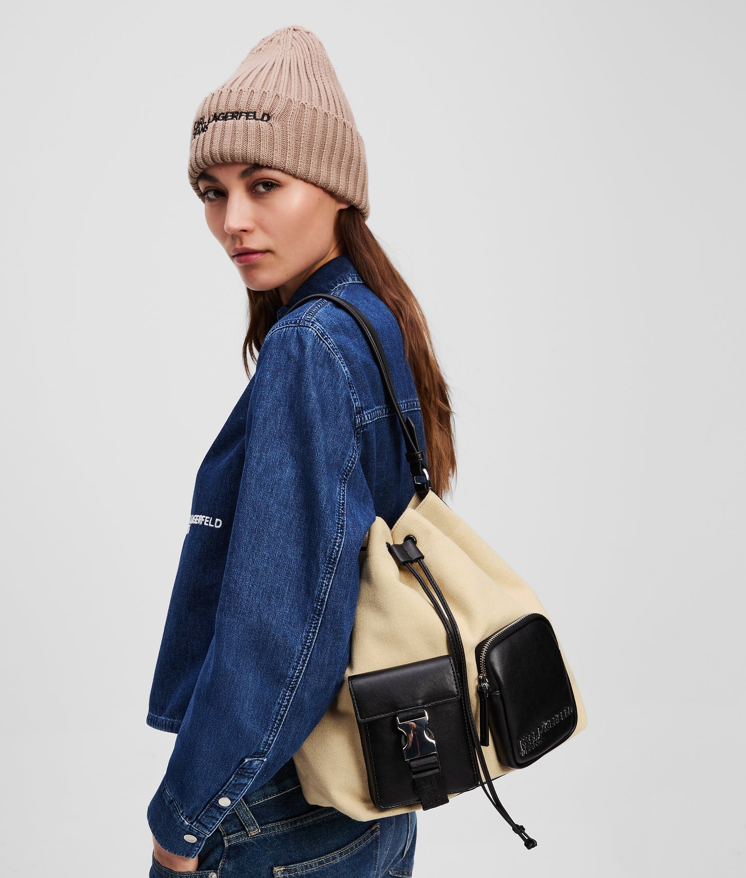 KarlLagerfeld Utility Canvas Bucket Bag Beige/Black