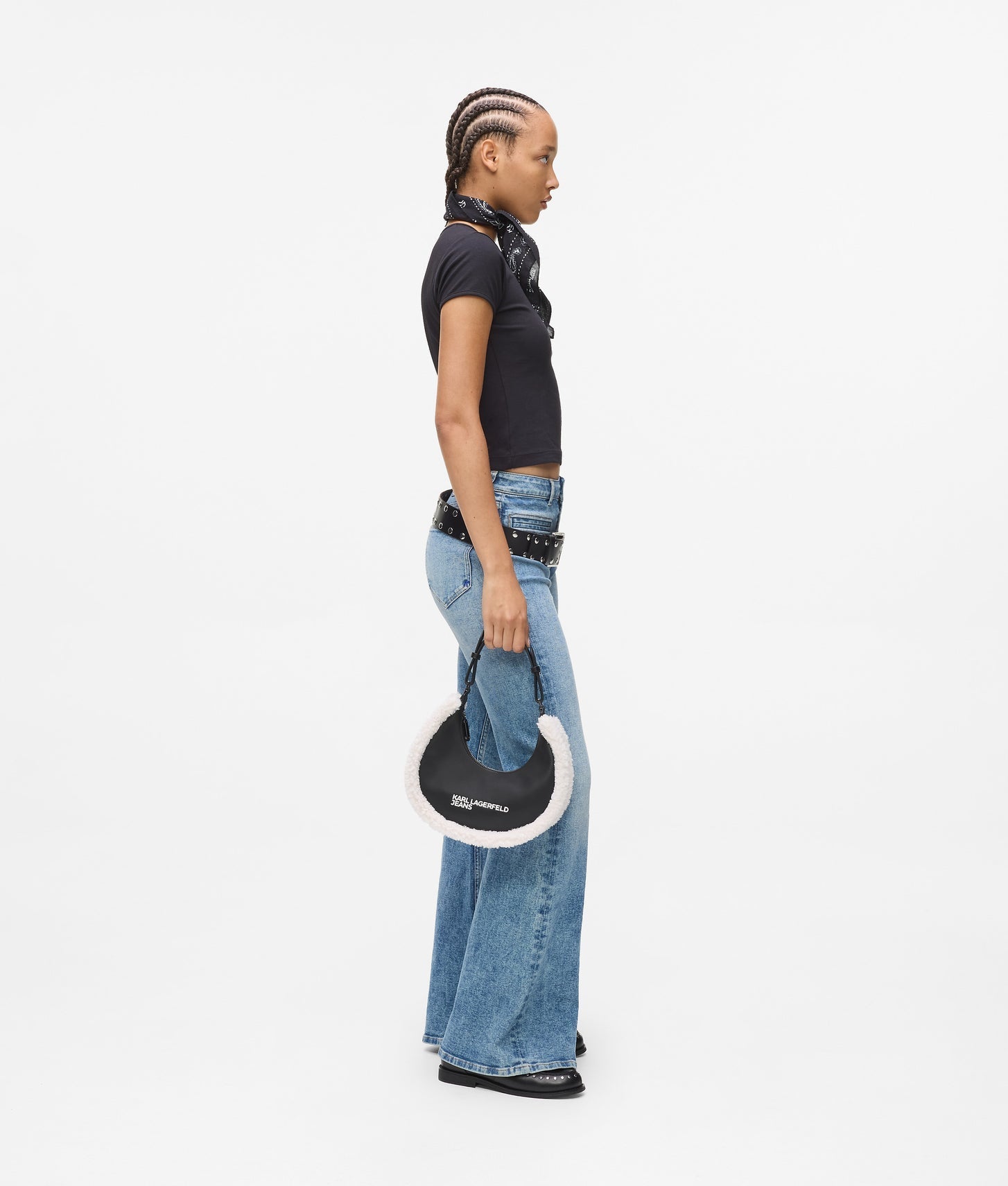 KarlLagerfeld Shearling Moon Shoulder Bag Black/White