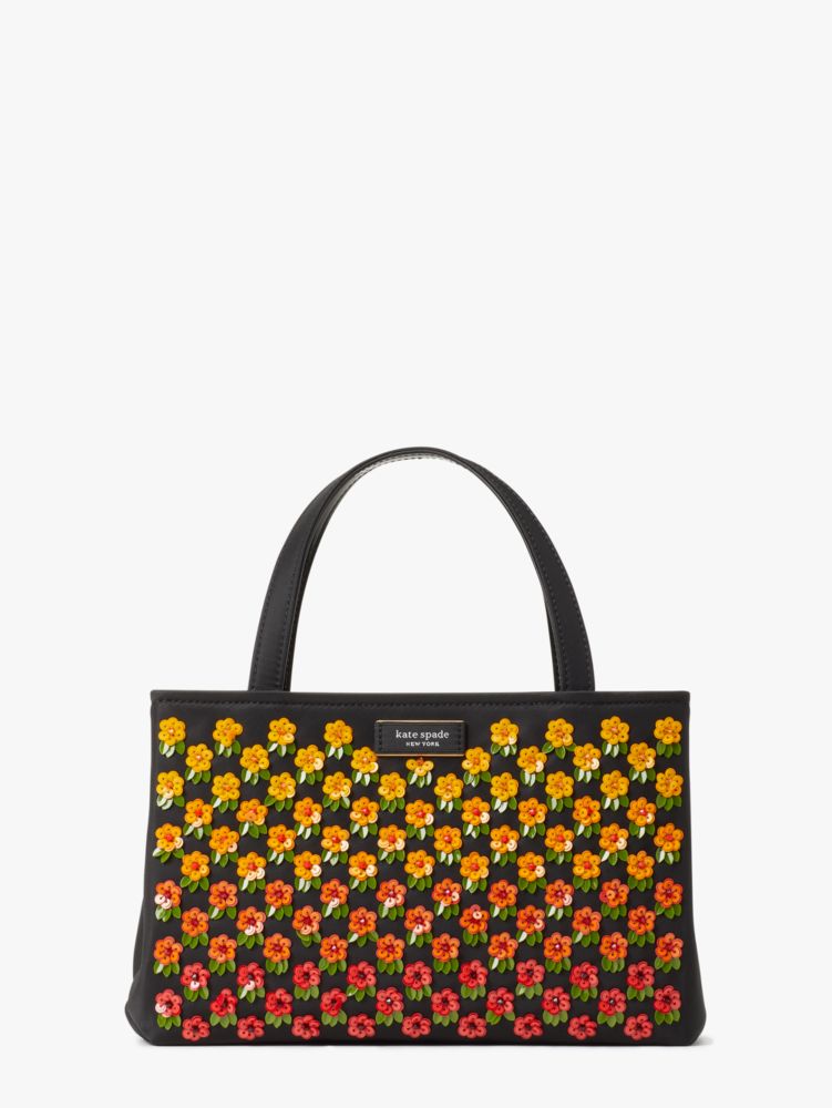 KateSpade Sam Icon Floral Embellished Nylon Small Tote Black Multi